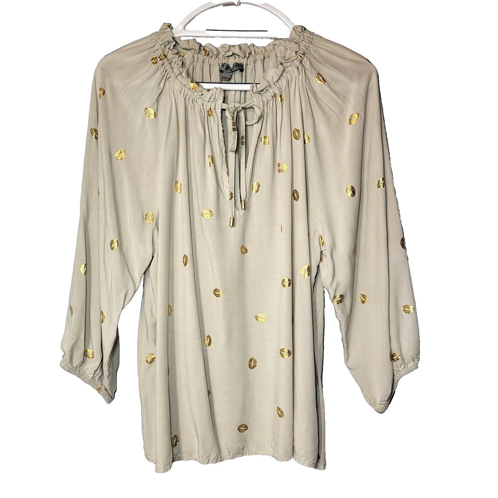 Alex & Parker Gold Lips Beige Blouse Ruffle Gathered Tie Neck Keyhole Large